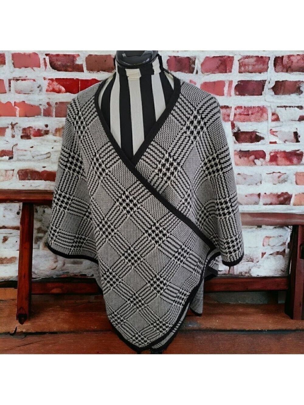 Untuckit for Her Evelyn poncho sweater cape Black cardigan Plaid OS S M L XL